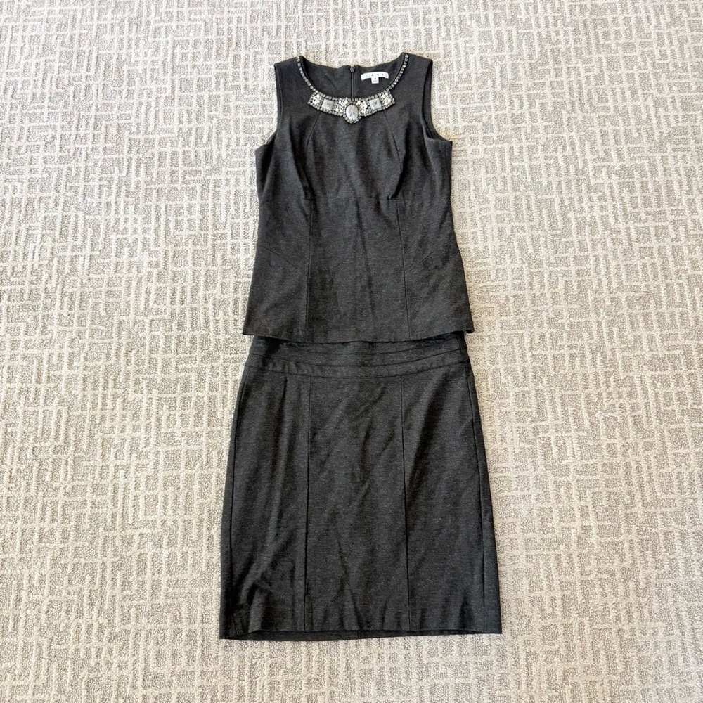 CAbi Gray Two-Piece skirt and tank set size 8 charcoal gray embellished top